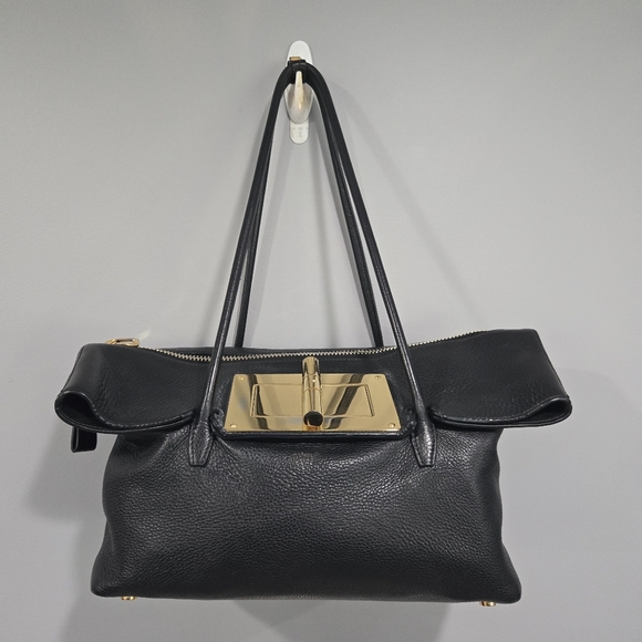 🐢 Tom Ford Natalia Soft Leather Tote Black With Oversized Turn Lock And Zipper - Picture 1 of 17